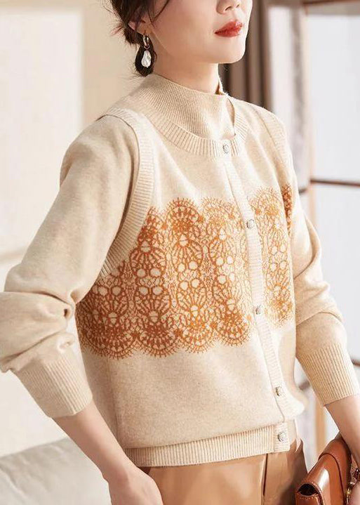 Beige O Neck Print Patchwork Woolen Sweater Spring