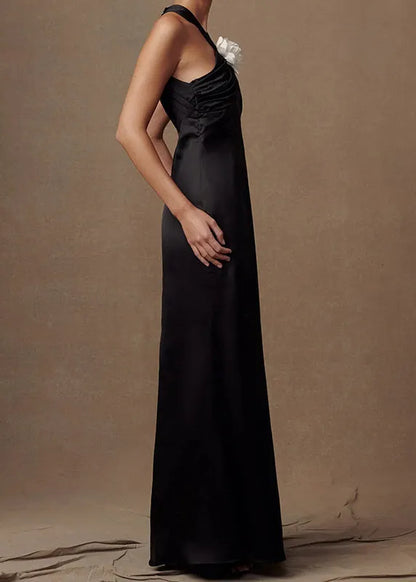 Black Halter Backless Silk Long Dress Sleeveless