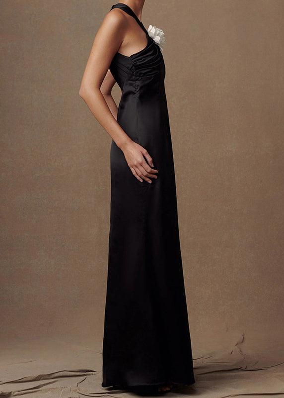 Black Halter Backless Silk Long Dress Sleeveless