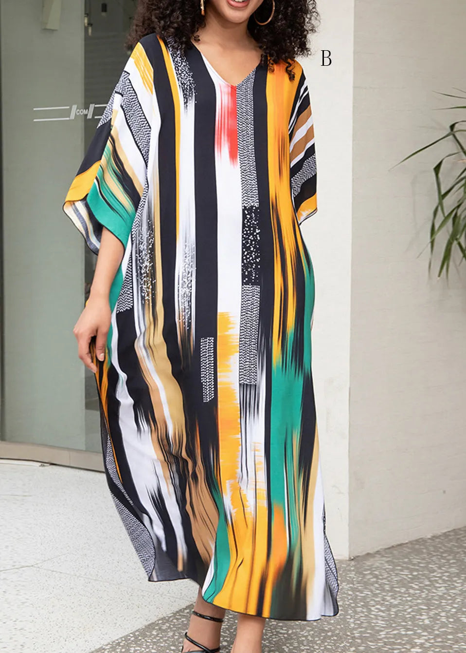 V Neck Print Side Open Cotton Long Dresses Summer