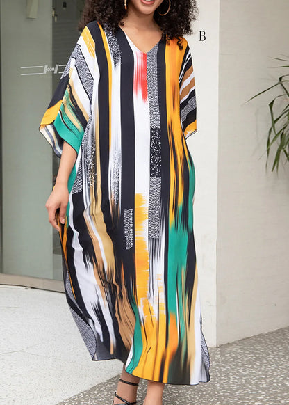 V Neck Print Side Open Cotton Long Dresses Summer