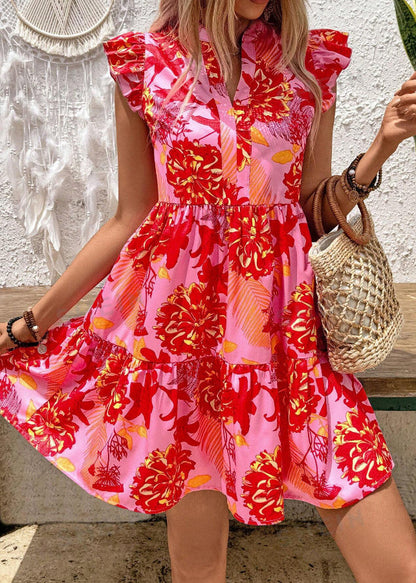 White V Neck Print Cotton Dresses Butterfly Sleeve
