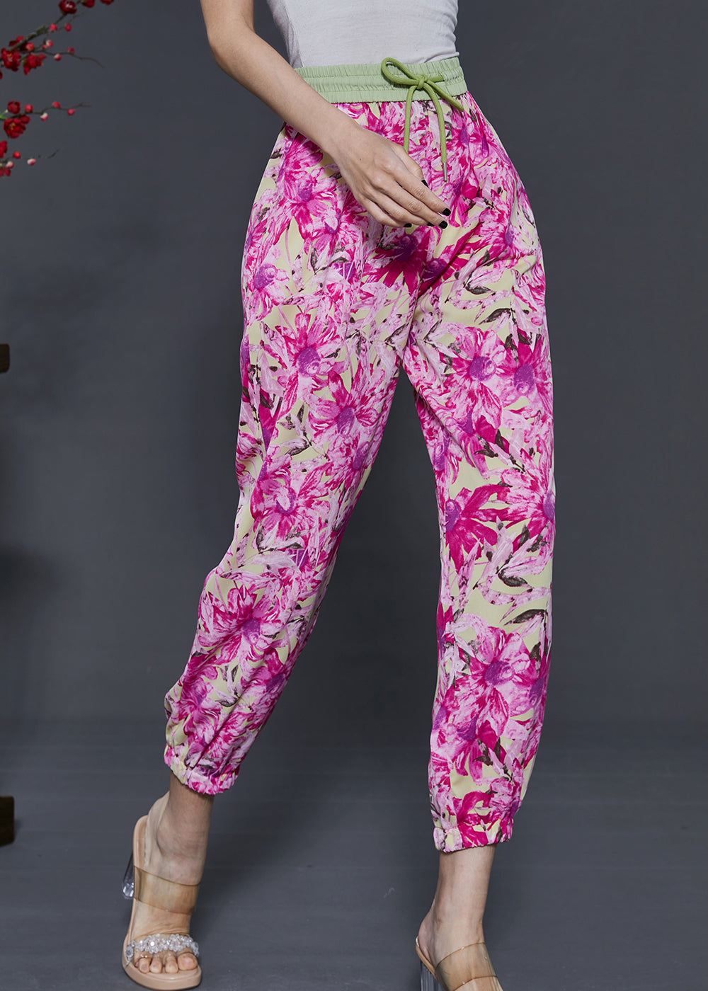 Rose Print Pockets Chiffon Pants Summer