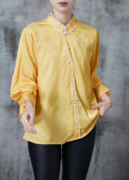 Yellow Mandarin Collar Jacquard Silk Shirt Tops Fall