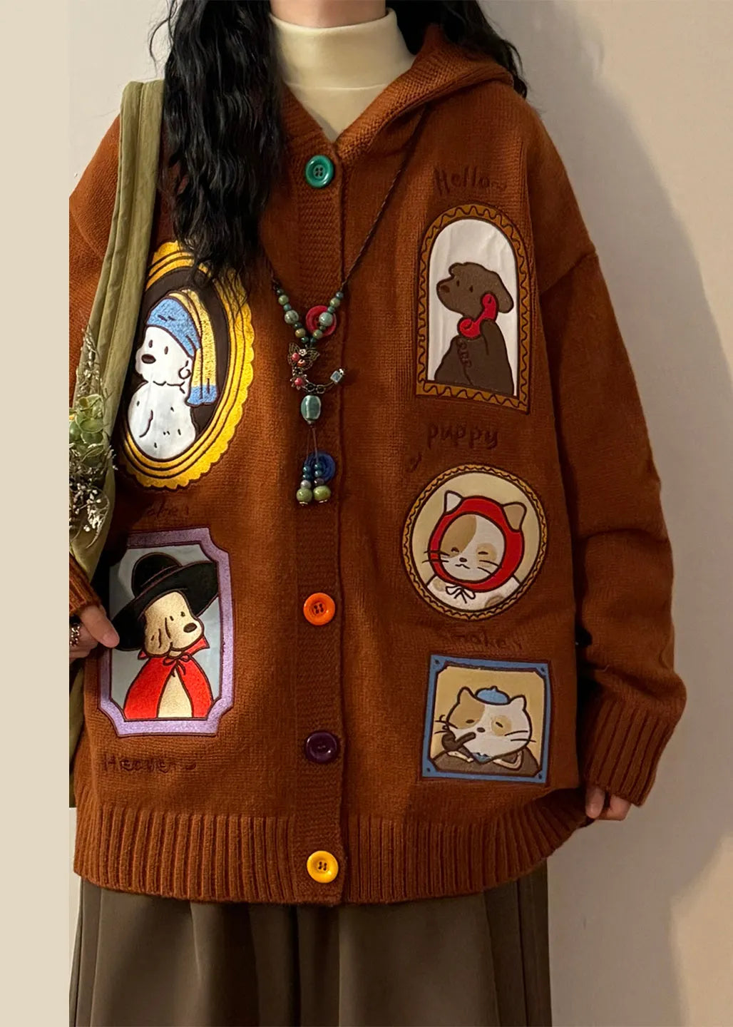 Brown Hooded Applique Button Knit Coats Spring
