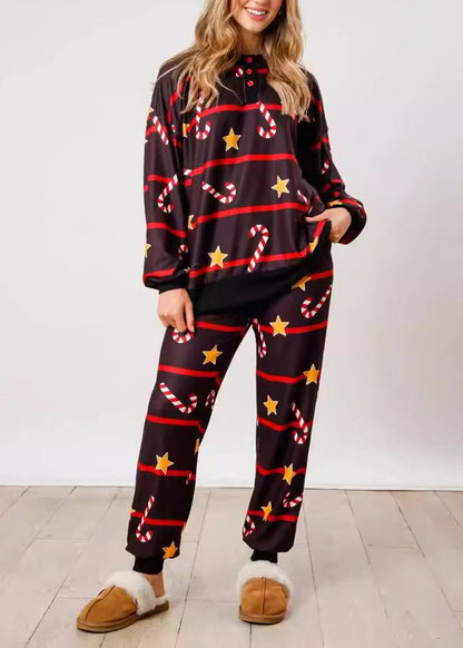 Red Print Tops and Pants Cotton Two Pieces Set Winter