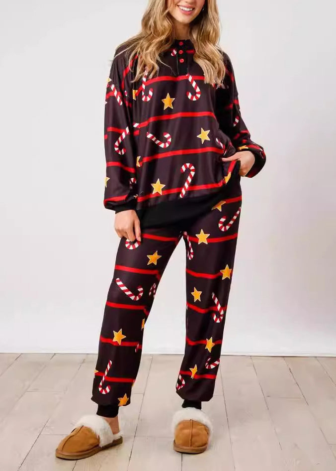 Red Print Tops and Pants Cotton Two Pieces Set Winter