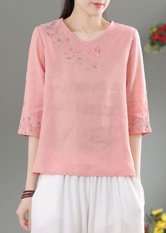 Modern Pink O-neck Side Open Linen Top Three Quarter Sleeve