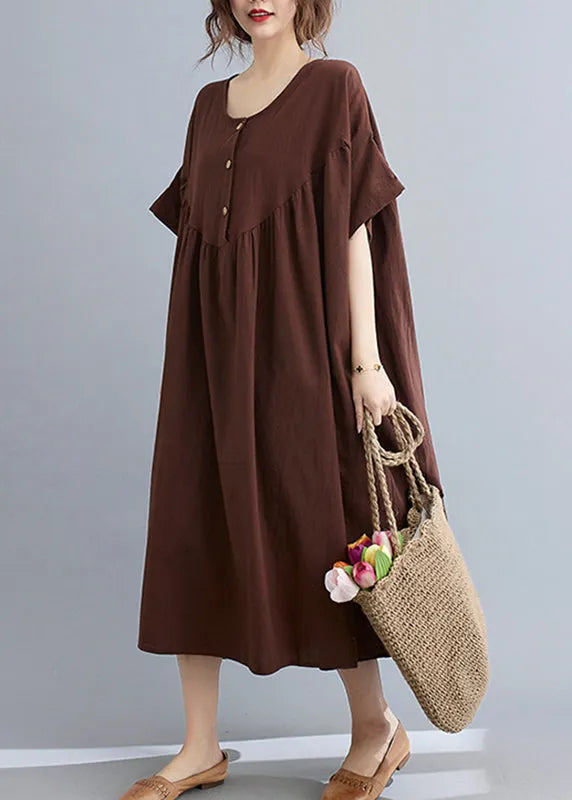 Coffee O-neck Wrinkled Maxi Dresses Summer