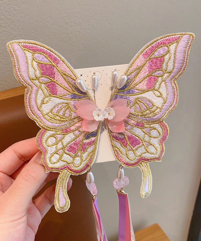 Stylish Pink Alloy Butterfly Embroidery Pearl Ribbon Hairpin