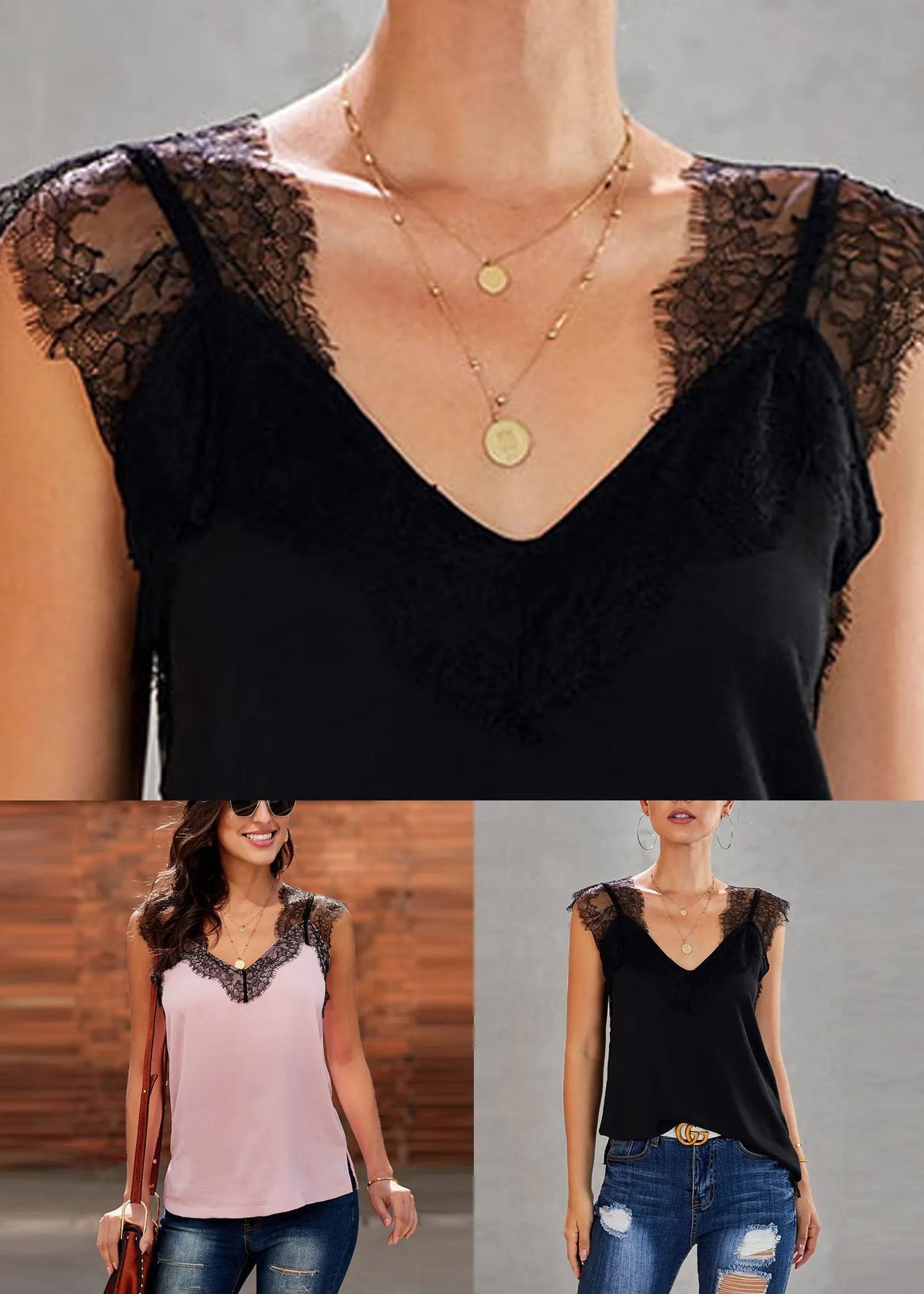 Black Lace Patchwork Vests Summer