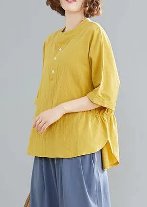 French Yellow Linen Cotton Linen Tops Blouses Cotton Button Down Elastic Waist Blouse