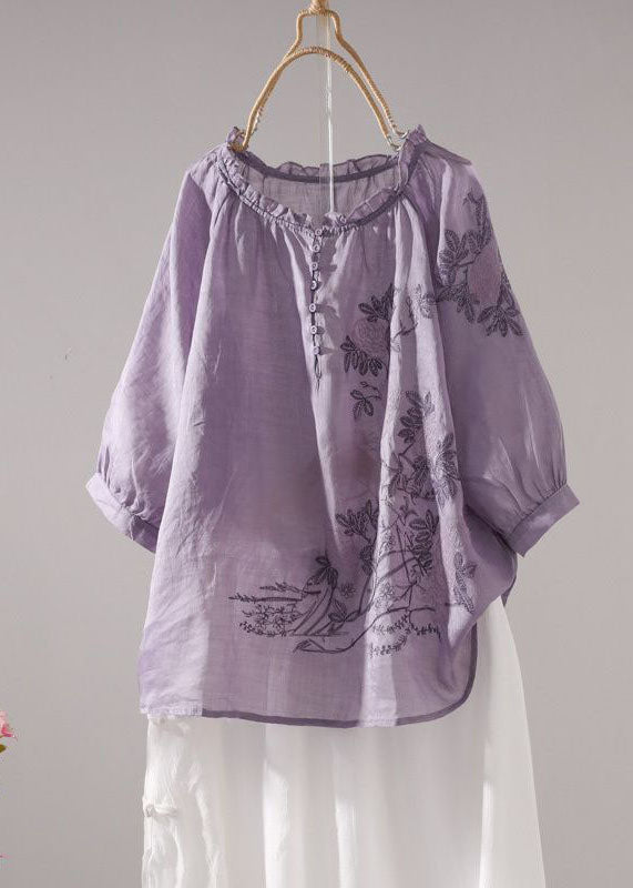 Purple Embroidered Patchwork Linen T Shirt Top Summer