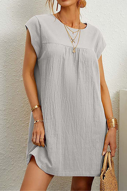 Sleeveless Round Neck Color Cotton and Linen Dress