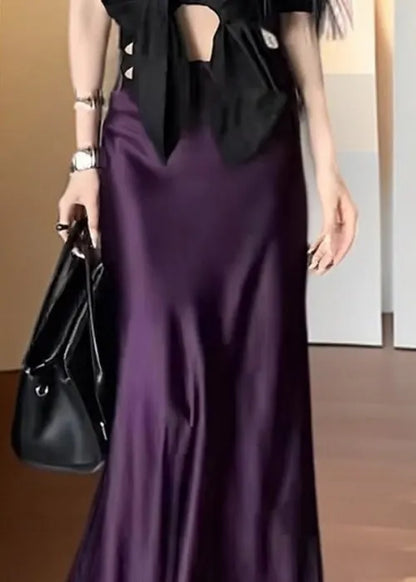 Purple High Waist Silk Skirts Summer