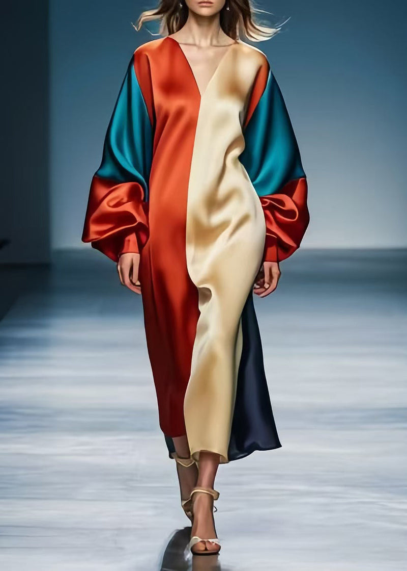 Colorblock V Neck Patchwork Silk Party Dress Lantern Sleeve