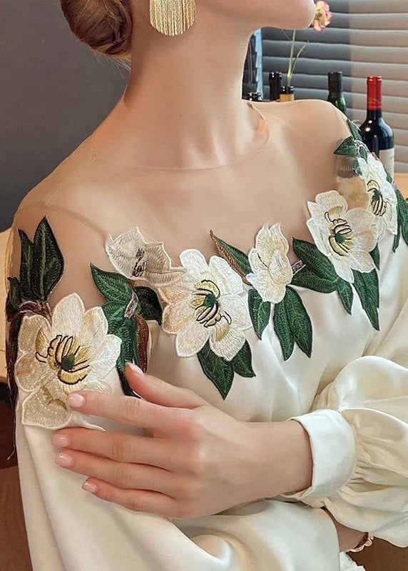 Fine Beige Embroidered Tulle Patchwork Silk Shirt Tops Spring