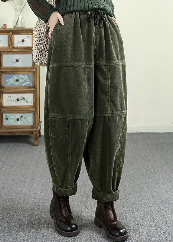 Green Pockets Elastic Waist Corduroy Warm Fleece Pants Winter