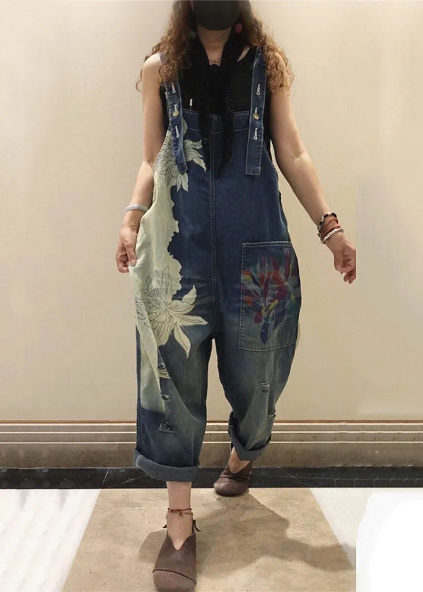Blue Print Pockets High Waist Denim Jumpsuit Sleeveless