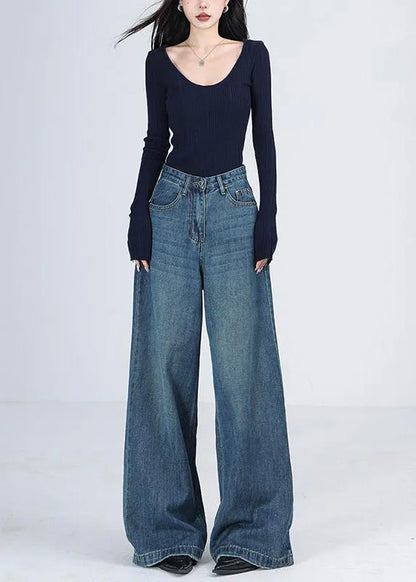 Blue Pockets High Waist Denim Wide Leg Pants Winter