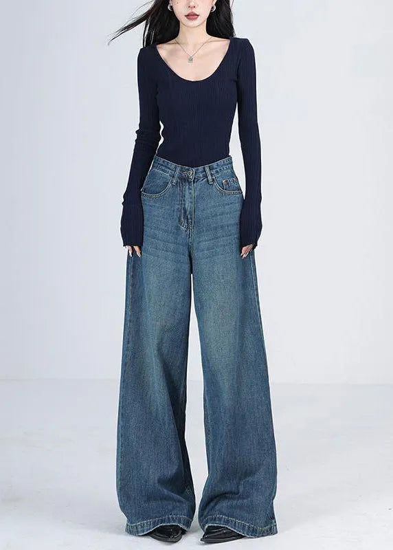 Blue Pockets High Waist Denim Wide Leg Pants Winter