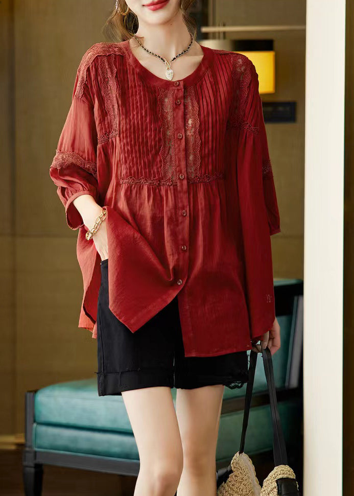 Mulberry O-neck Patchwork Wrinkled Shirts Bracelet Sleeve