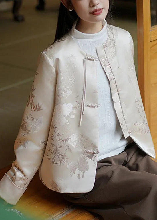 Chinese Style Beige Jacquard Oriental Button Silk Coat Spring