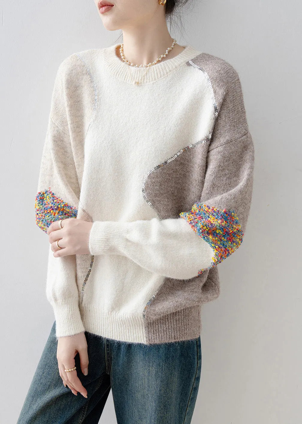 White O Neck Sequins Patchwork Knit Sweaters Spring