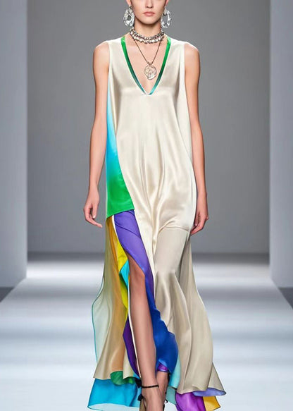 White Asymmetrical Patchwork Silk Vacation Dresses Sleeveless