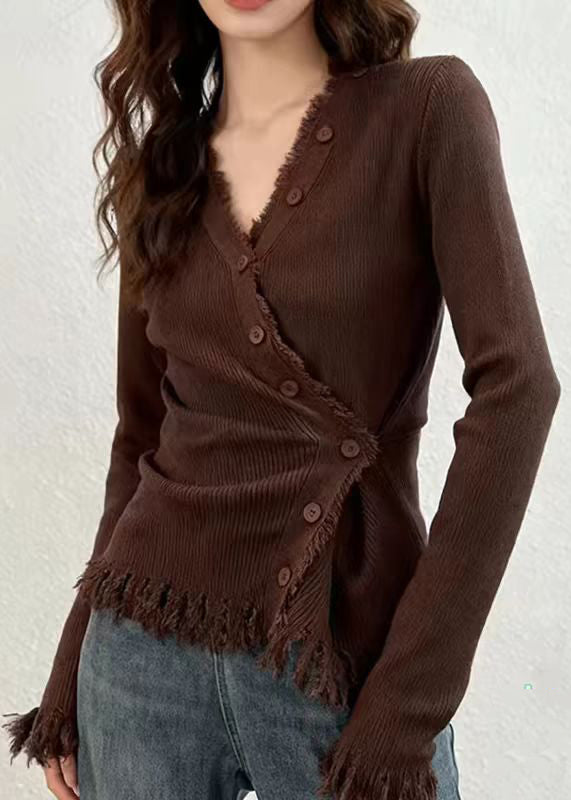 Coffee V Neck Button Cotton Knit Cardigans Spring