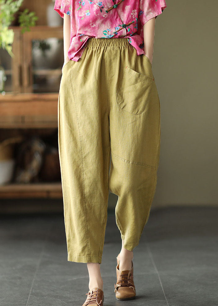 Mustard Yellow Elastic Waist Pockets Linen Harem Pants Summer