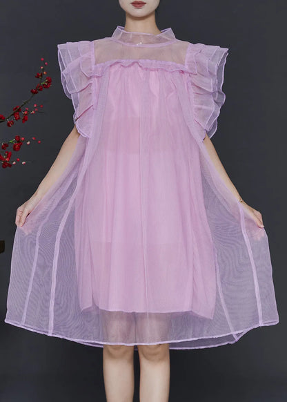 Pink Oversized Tulle Vacation Dress Butterfly Sleeve