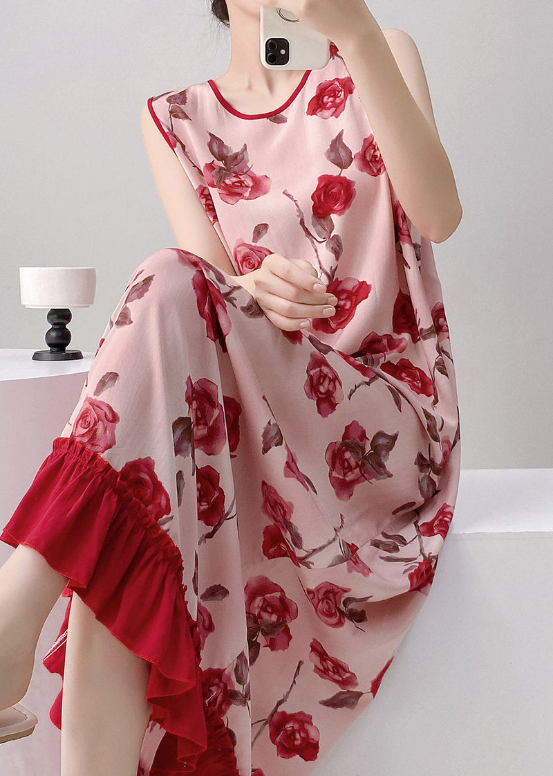 Red O-neck Print Long Dresses Summer