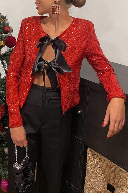 Two Ways to Celebrate Tie-front Bow Sequined Jacket