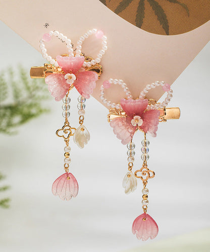 Pink Copper Alloy Pearl Colored Glaze Tassel a Pair Hairpin