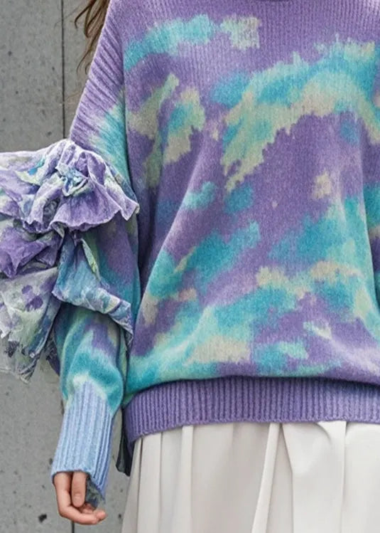 Purple Ruffled Tie Dye Knit Sweater Tops Fall