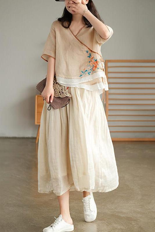 Lace-up Ramie Embroidered T-shirt