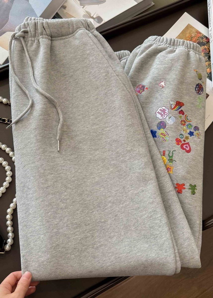 Loose Grey Print Elastic Waist Cotton Beam Pants Spring