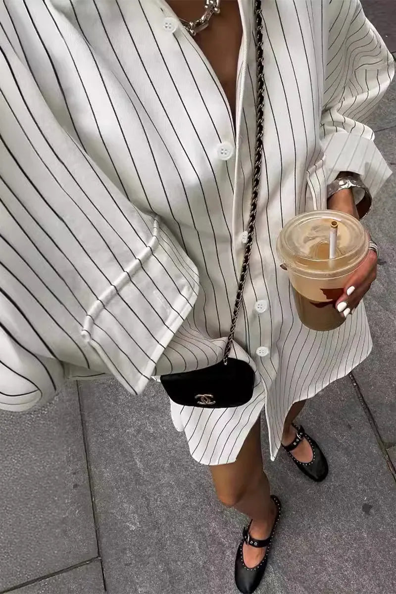 Striped Print Pocket Turndown Collar Tops