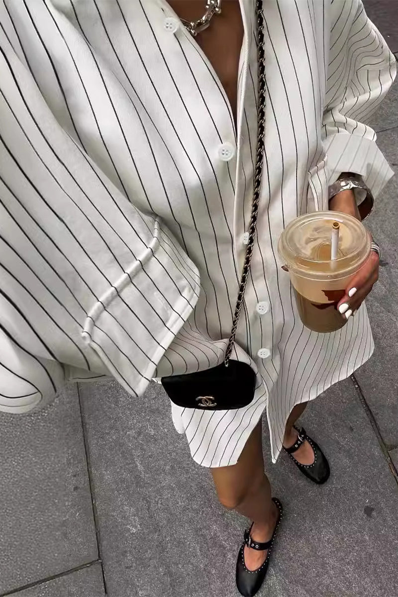 Striped Print Pocket Turndown Collar Tops
