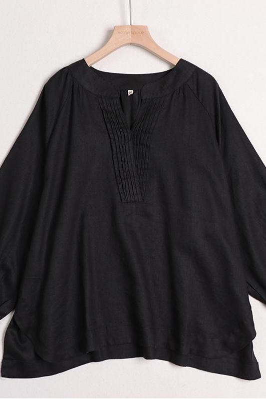 Cotton Linen V Neck Shirt Tops