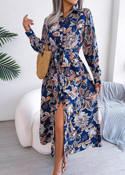 Royal Blue Peter Pan Collar Print Chiffon Shirts Dress Spring
