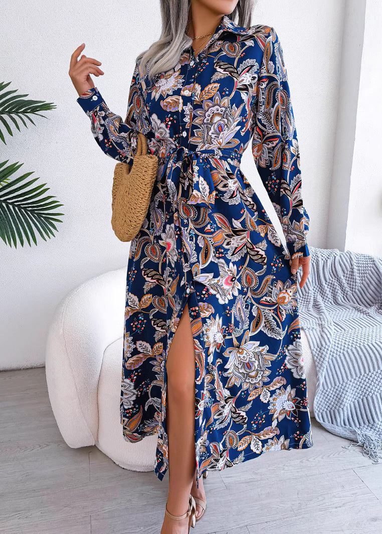 Royal Blue Peter Pan Collar Print Chiffon Shirts Dress Spring