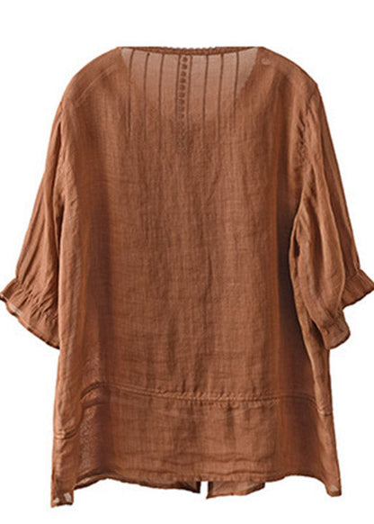 Loose Caramel O-neck Embroidered Patchwork Linen Shirt Half Sleeve