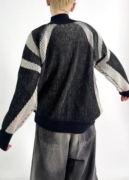 Black Zip Up Knit Fall Coat Stand Collar