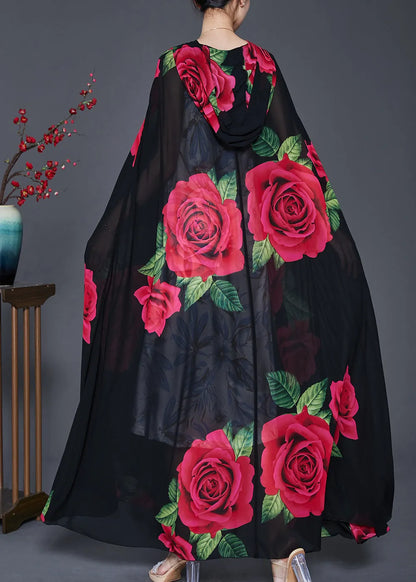 Black Hooded Print Chiffon Cardigan Spring