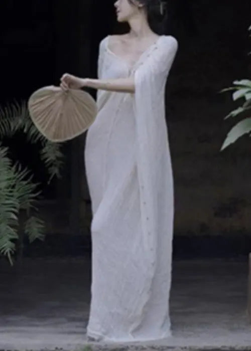 White V Neck Lace Up Cotton Maxi Dresses Summer
