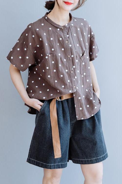 Coffee Cotton Linen Blouse Loose Tops for Summer