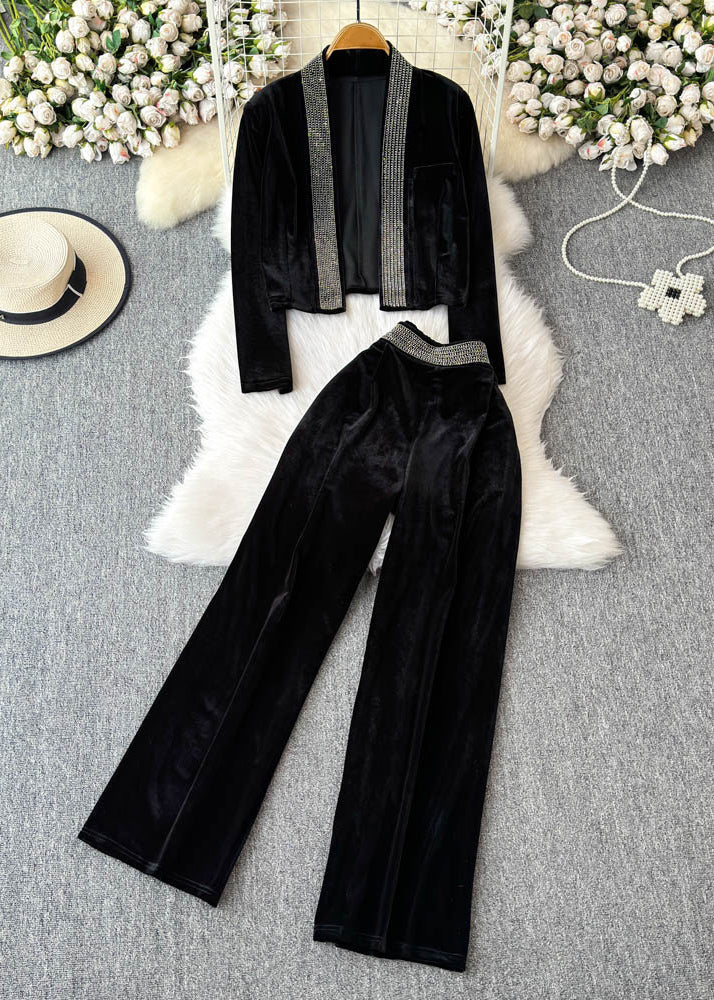Boutique Black Patchwork Zircon Cardigans and Wide Leg Pants Two Pieces Set Spring