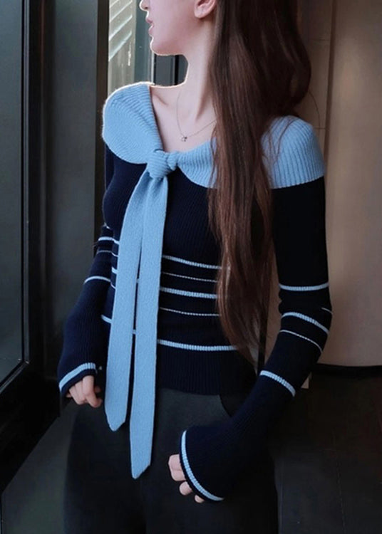 Blue Striped Bow Patchwork Knit Sweater Fall